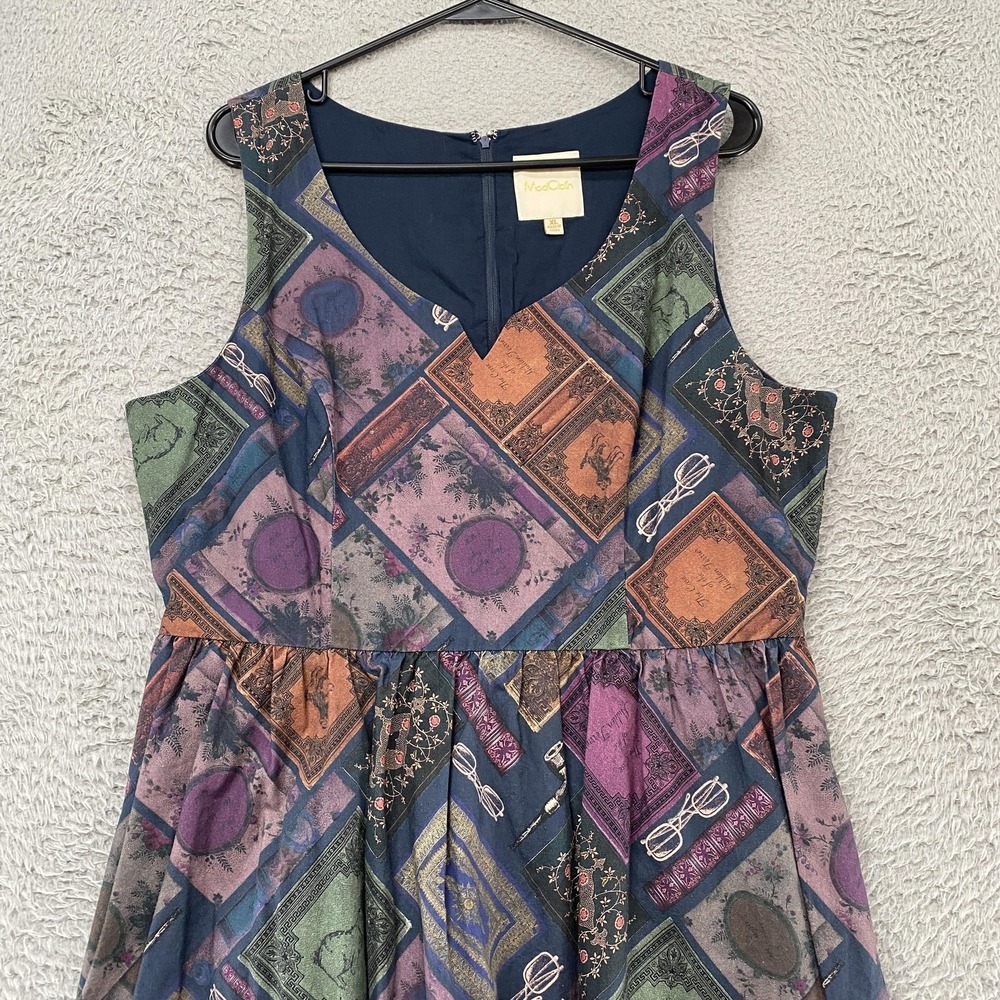 ModCloth Dress Womens XL Patchwork Fit Flare Cotton V-Neck Moody Knee Length - Picture 3 of 12
